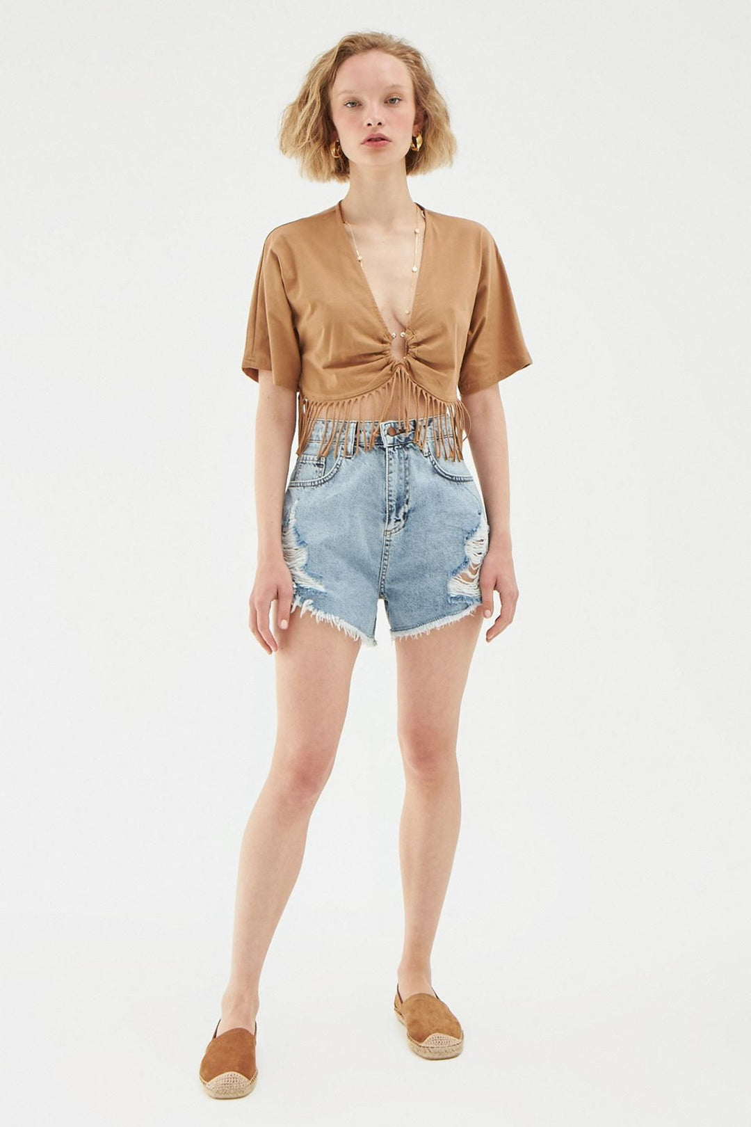 Decollete Tasseled Crop Blouse Camel