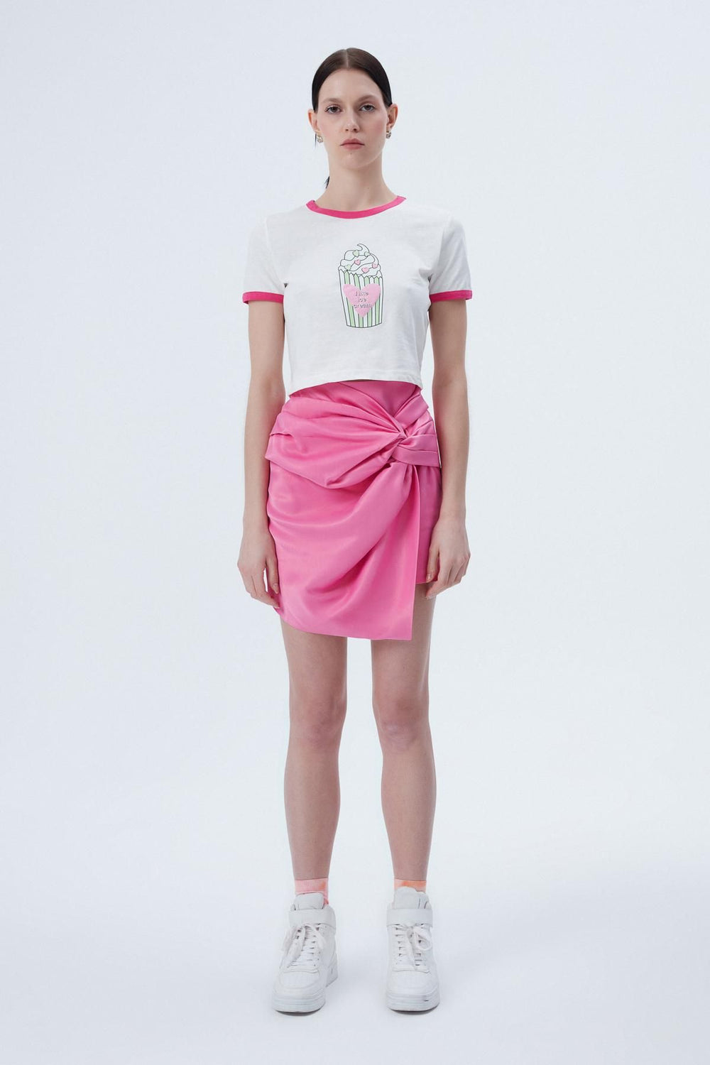 Dondurma Desenli Crop Tişört Ekru