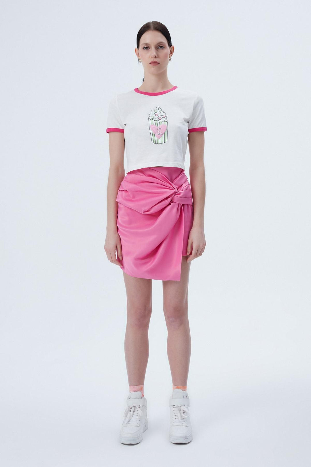 Dondurma Desenli Crop Tişört Ekru