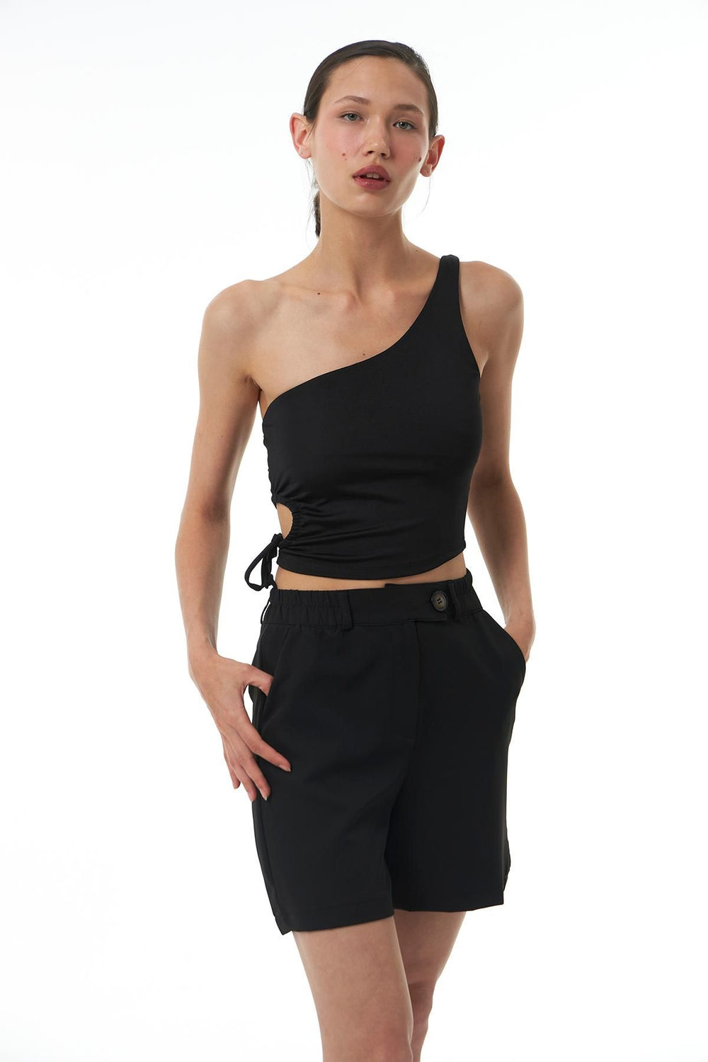 Low Cut One Shoulder Blouse Black