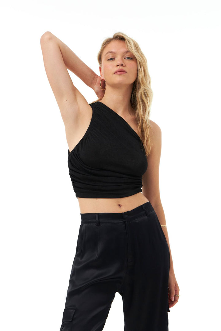 Pleated One-Shoulder Blouse Black