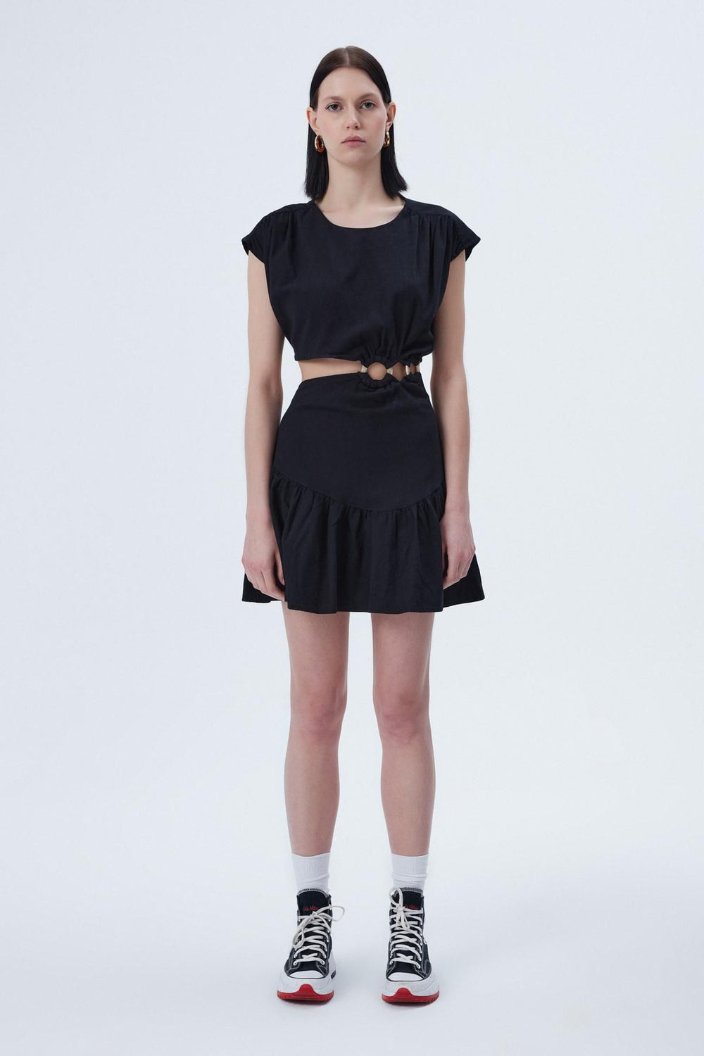 Pleat Detailed Cut Out Dress Black