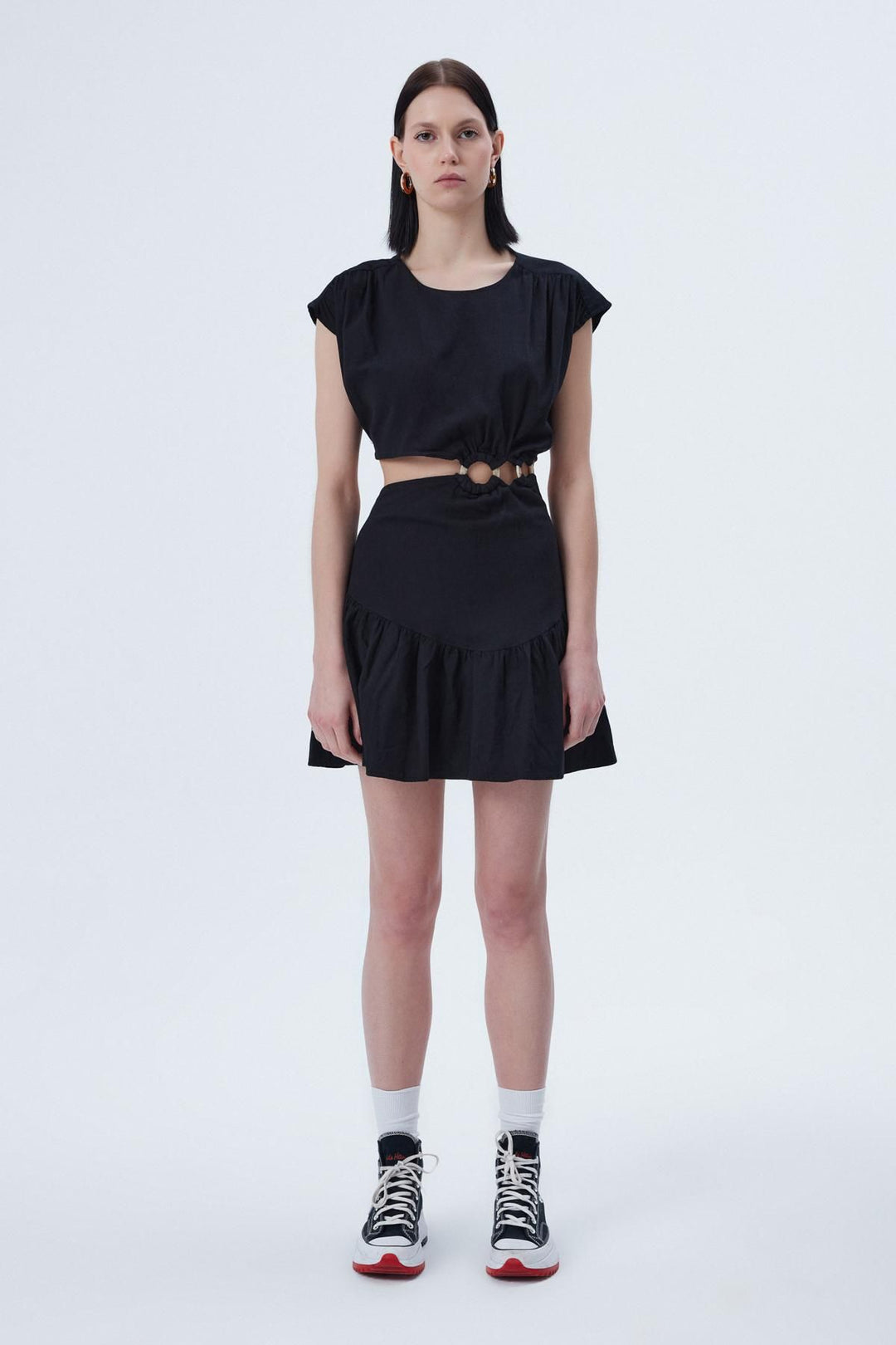 Pleat Detailed Cut Out Dress Black
