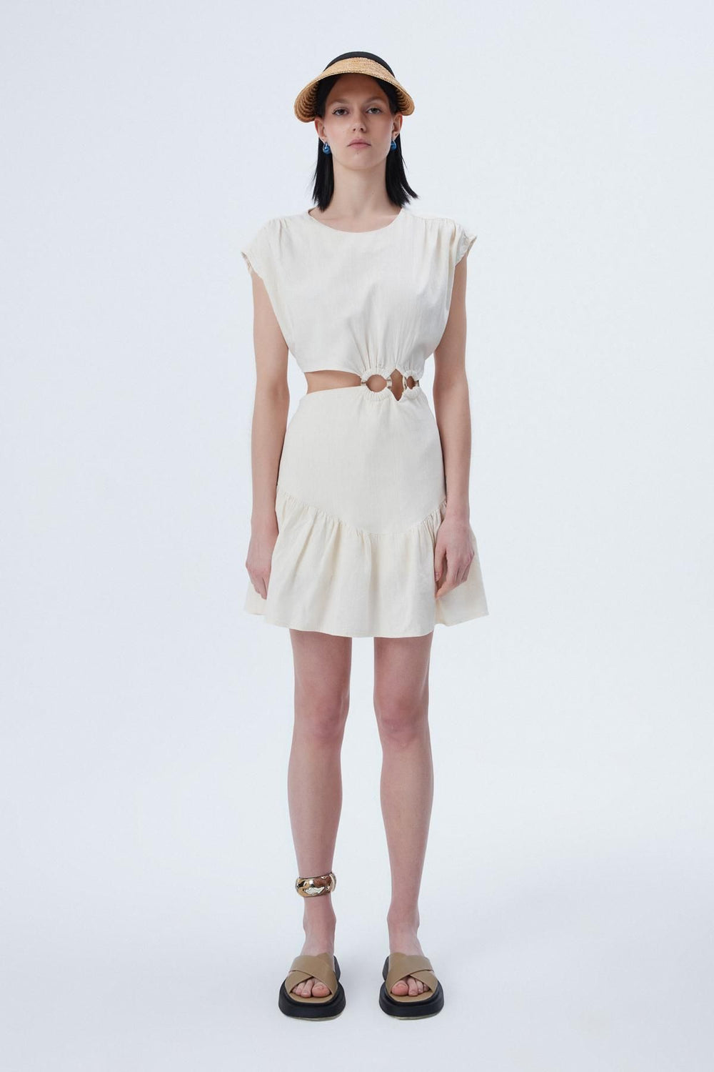 Pile Detaylı Cut Out Elbise Naturel