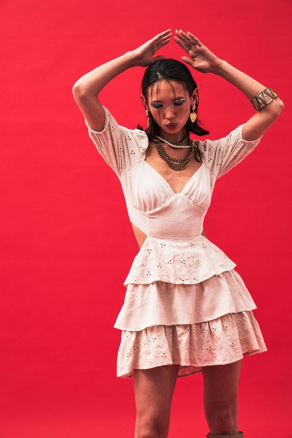 Balloon Sleeve Frilly Dress Natural