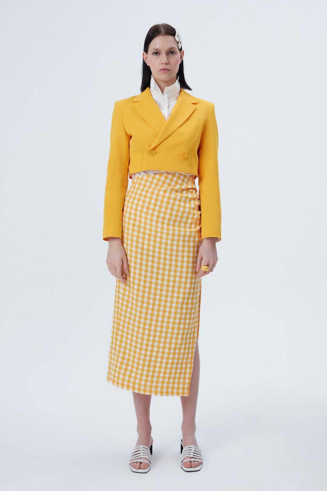 Slit Detailed Plaid Skirt Orange