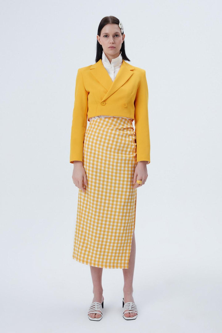 Slit Detailed Plaid Skirt Orange