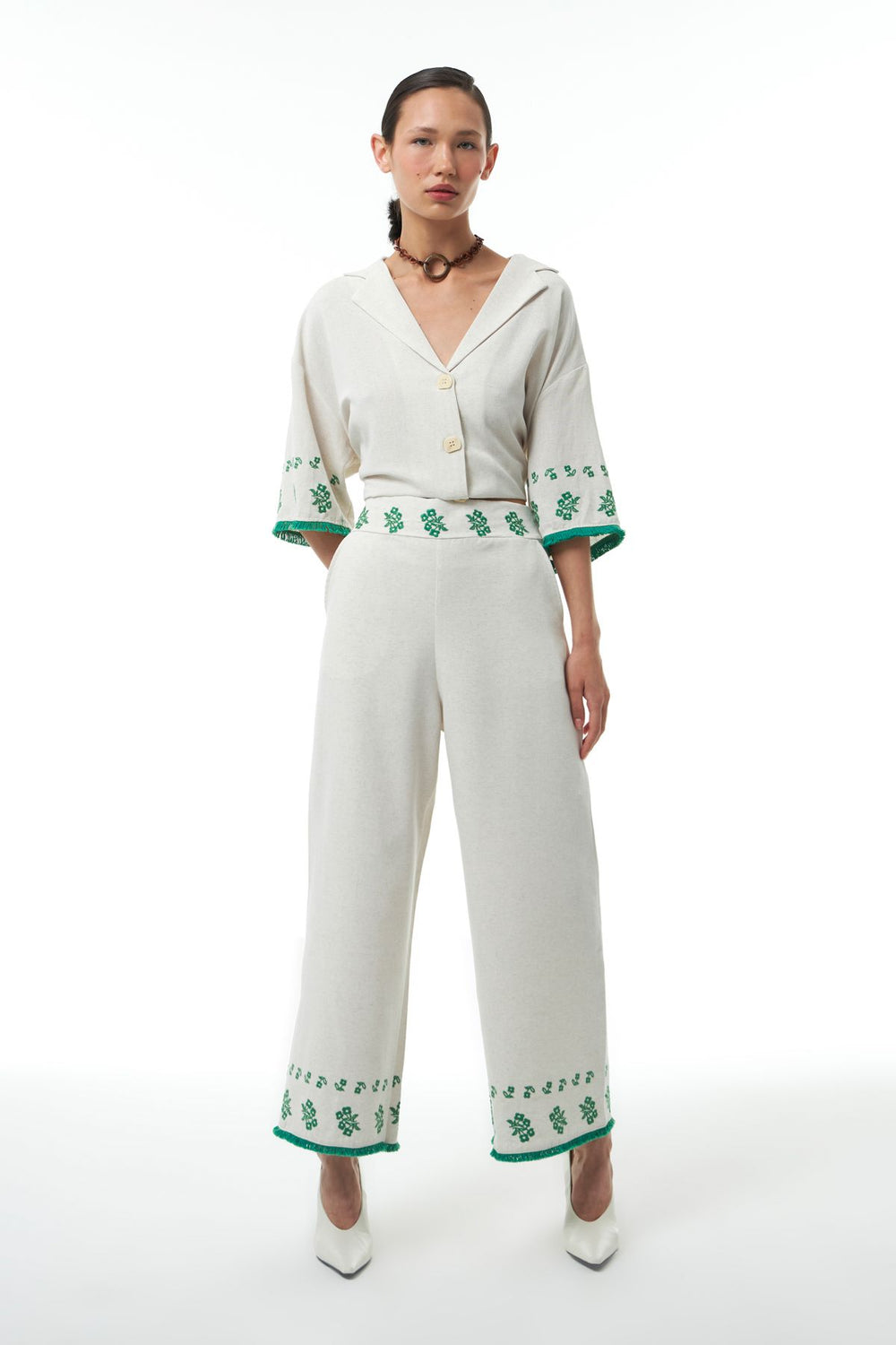 Embroidery Detailed Linen Trousers Natural