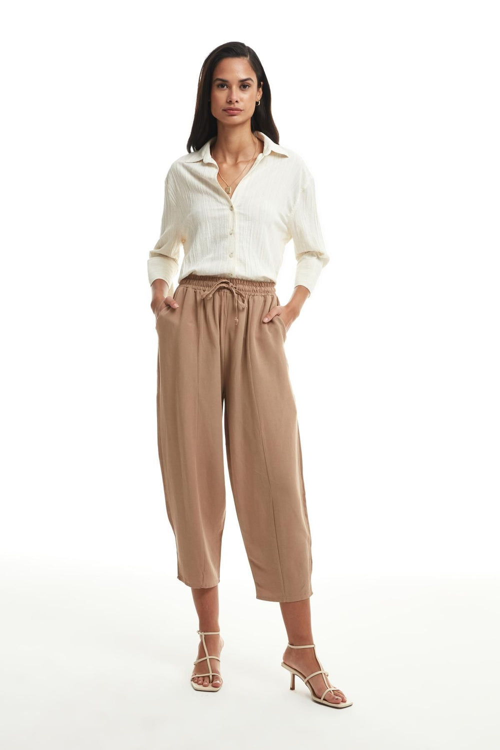 Elastic Waist Linen Trousers Mink