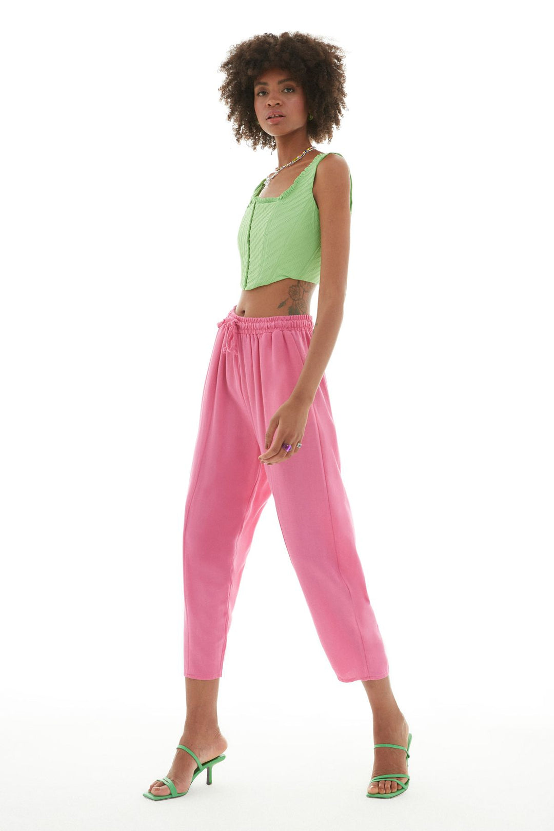 Beli Lastikli Keten Pantolon Pembe