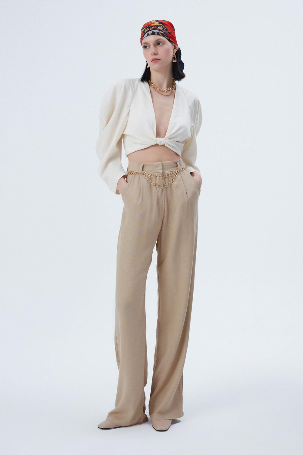 Chain Belt Wide Leg Trousers Beige