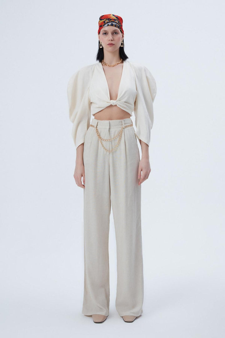 Zincir Kemerli Bol Paça Pantolon Naturel