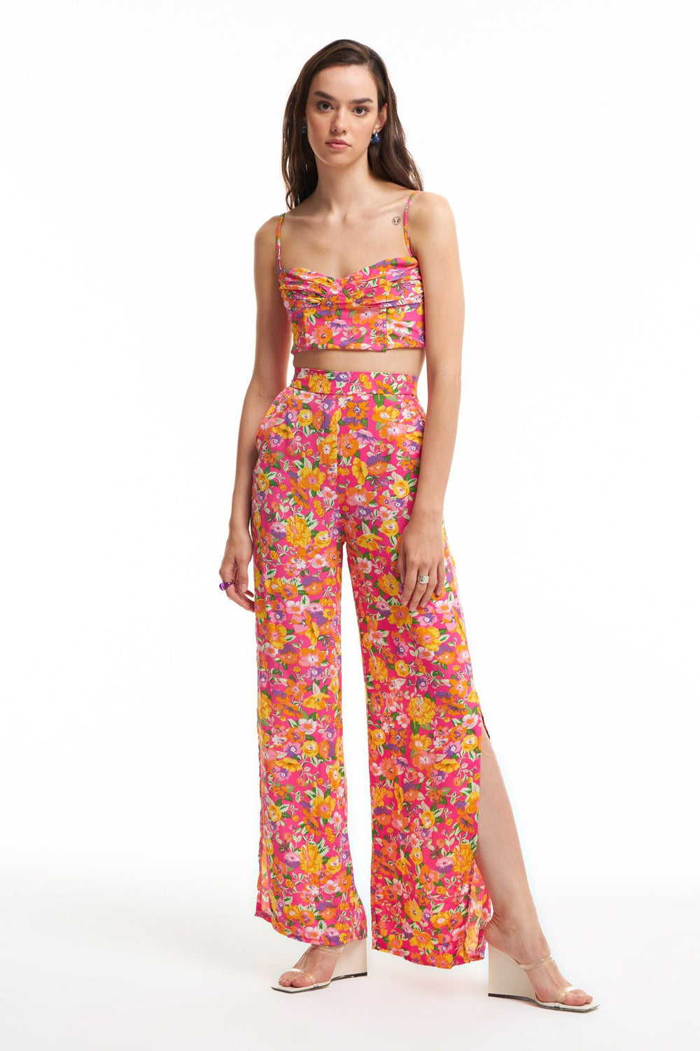 Patterned Trousers Pink with Side Slits