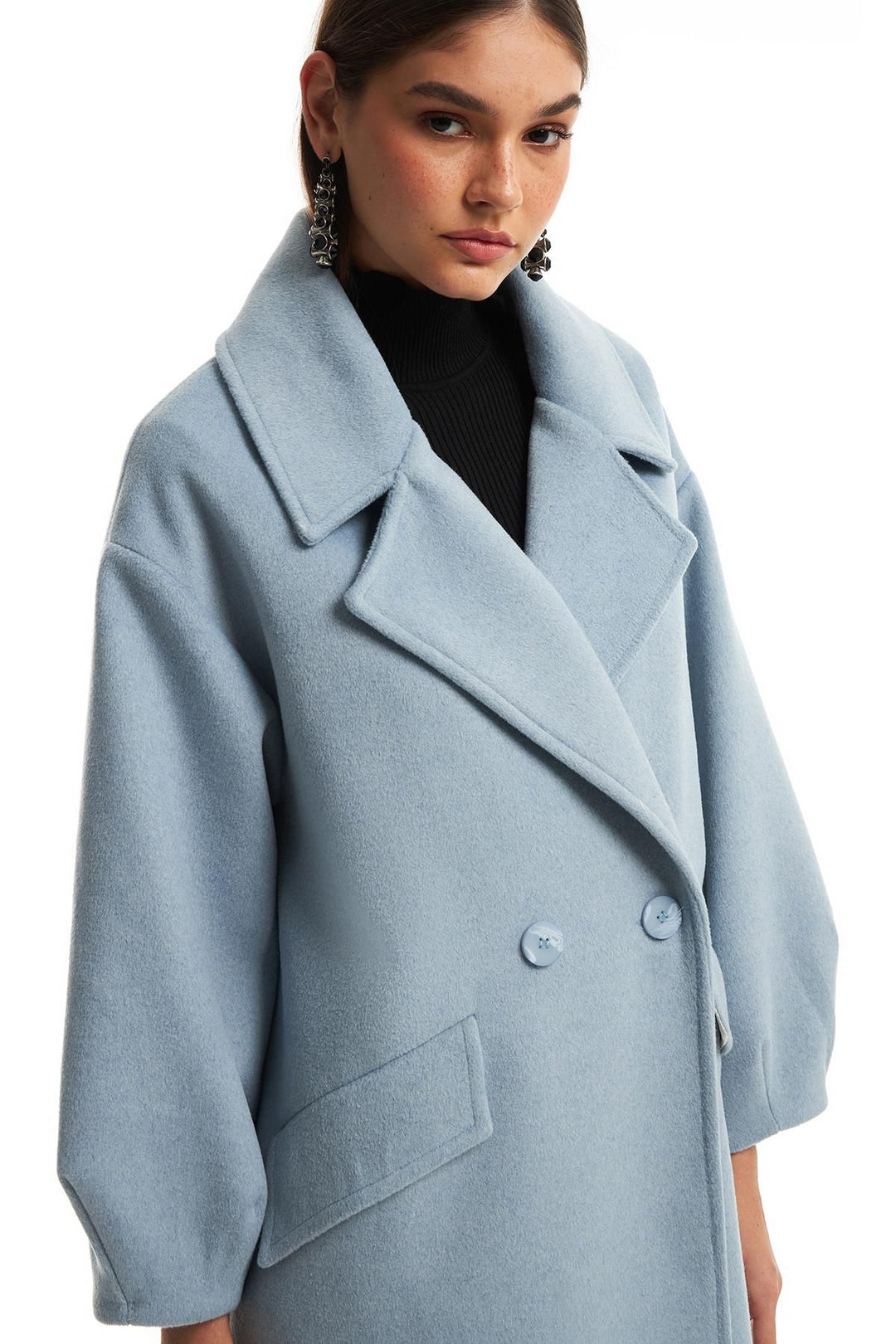 Double Breasted Collar Oversize Coat Blue