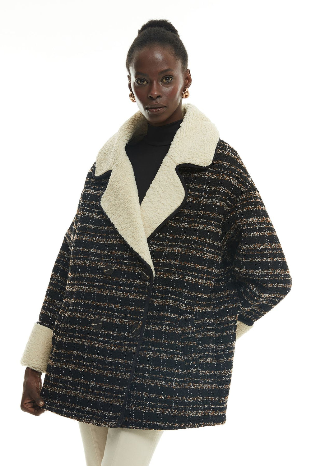 Patterned Plush Coat Black