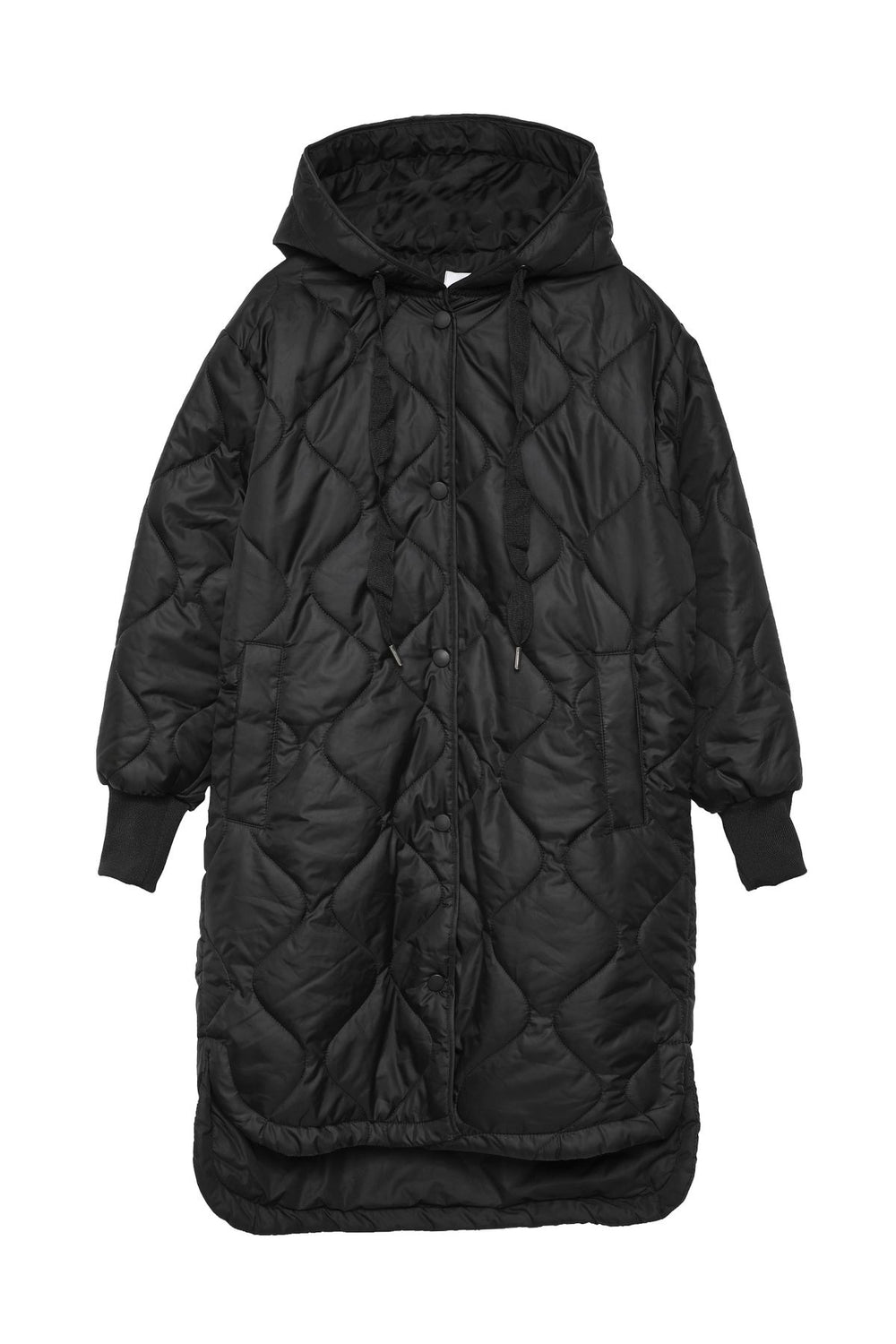 Hooded Quilted Long Coat Black
