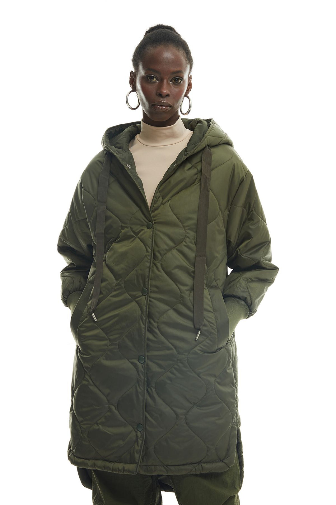Hooded Quilted Long Coat Khaki