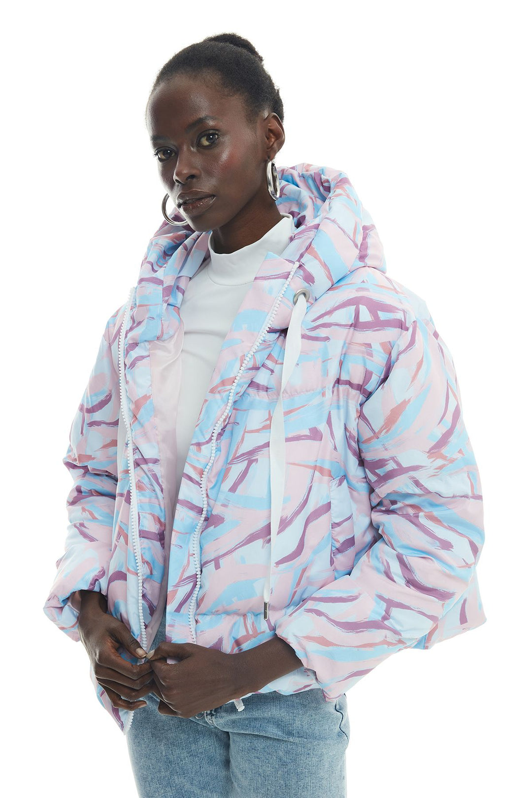 Colorful Zippered Hooded Inflatable Coat Ecru