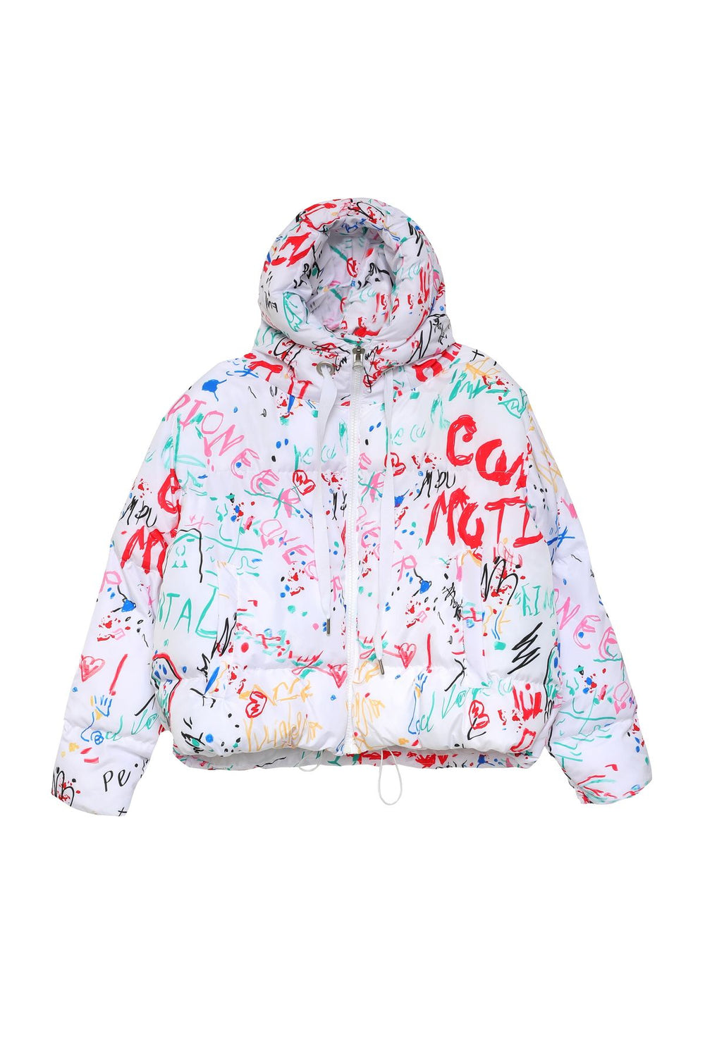 Colorful Patterned Hooded Inflatable Coat Ecru