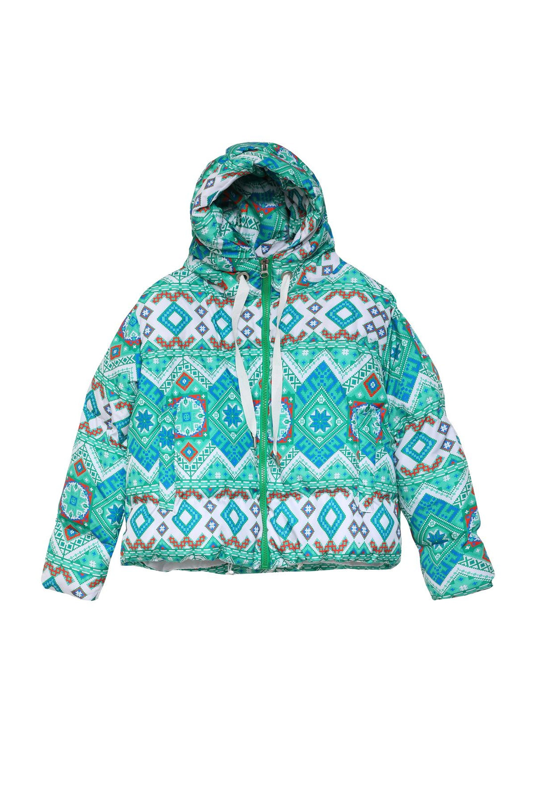 Beli Büzgülü Desenli Şişme Mont Yeşil