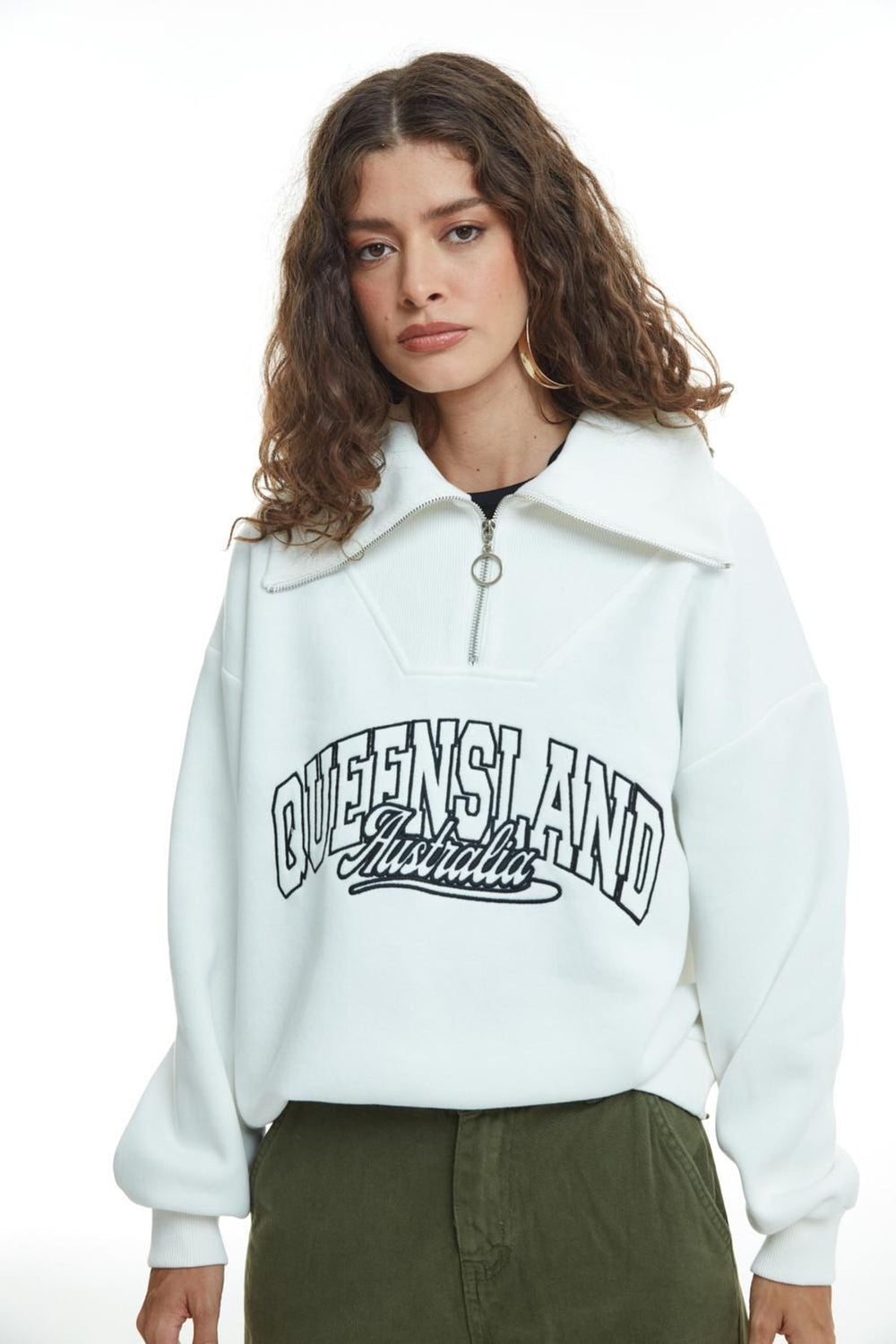 Zipper Detailed Sweatshirt Ecru