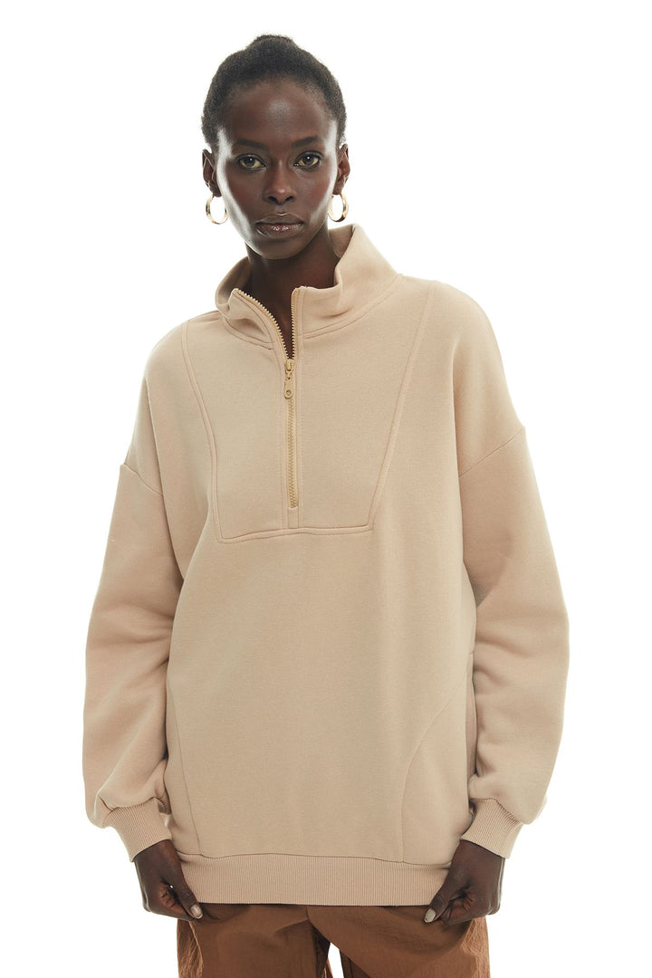 Zippered Turtleneck Sweatshirt Beige
