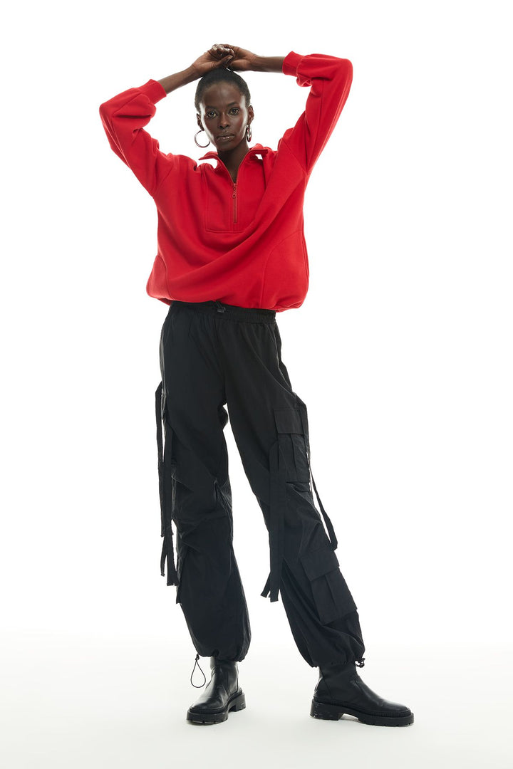 Zippered Turtleneck Sweatshirt Red