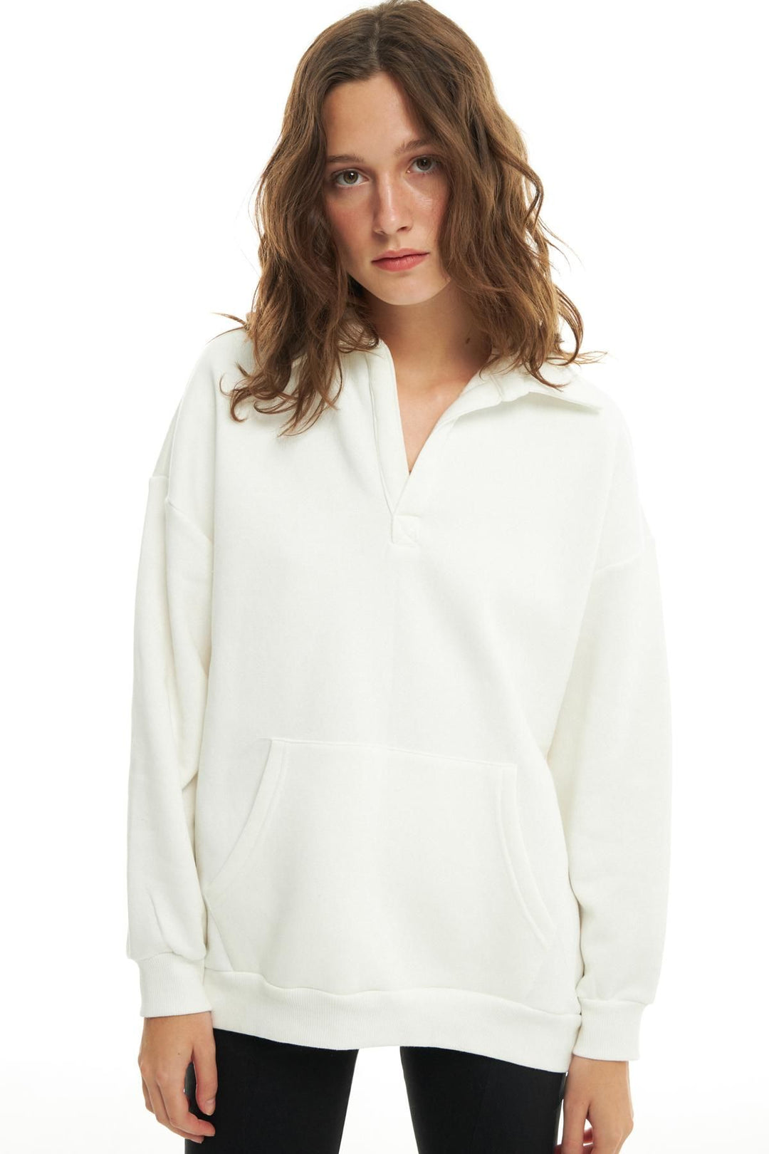 Kangaroo Pocket Polo Neck Sweatshirt Ecru