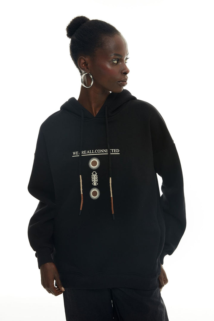 Back Print Detailed Hoodie Sweatshirt Black