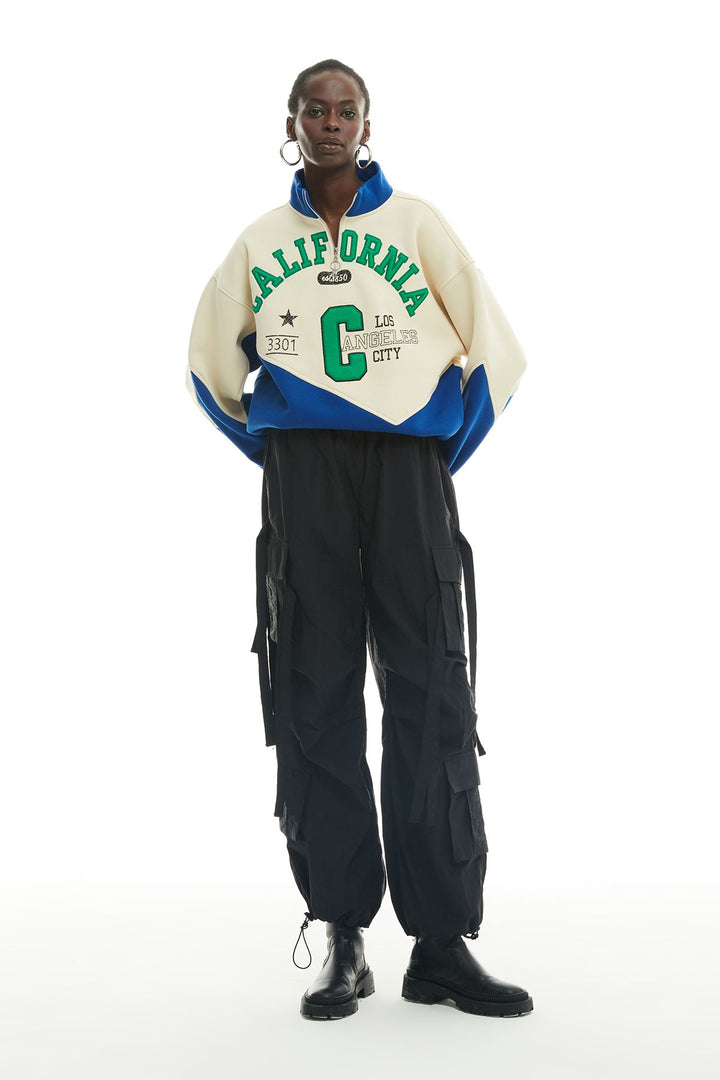 Stand Up Collar Printed Sweatshirt Beige