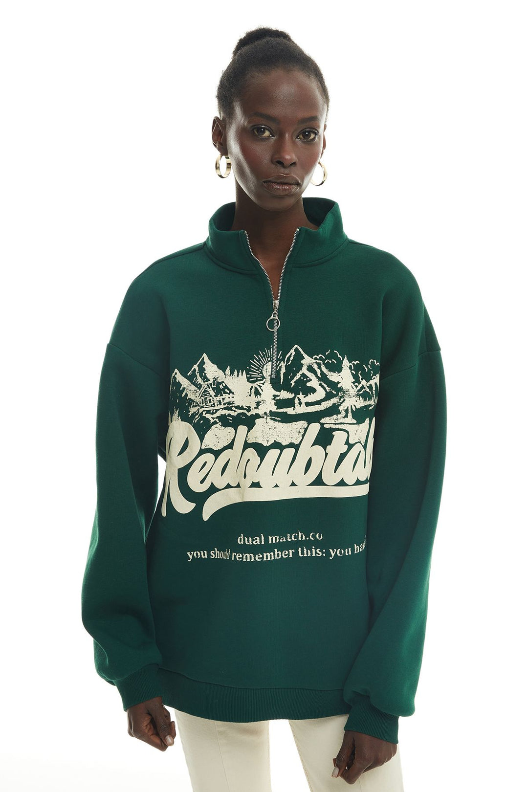 Zipper Collar Printed Sweatshirt Dark Green