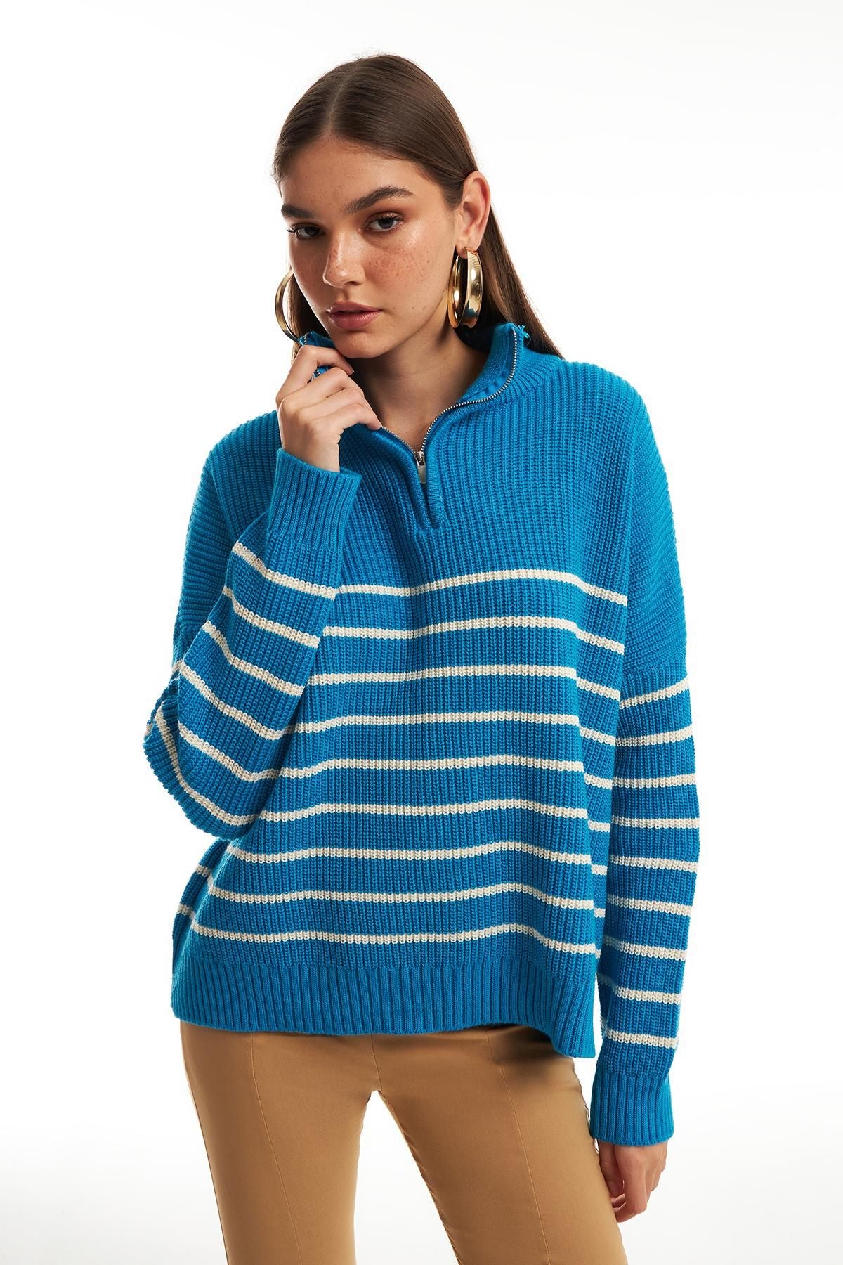 Zipper Striped Sweater Blue