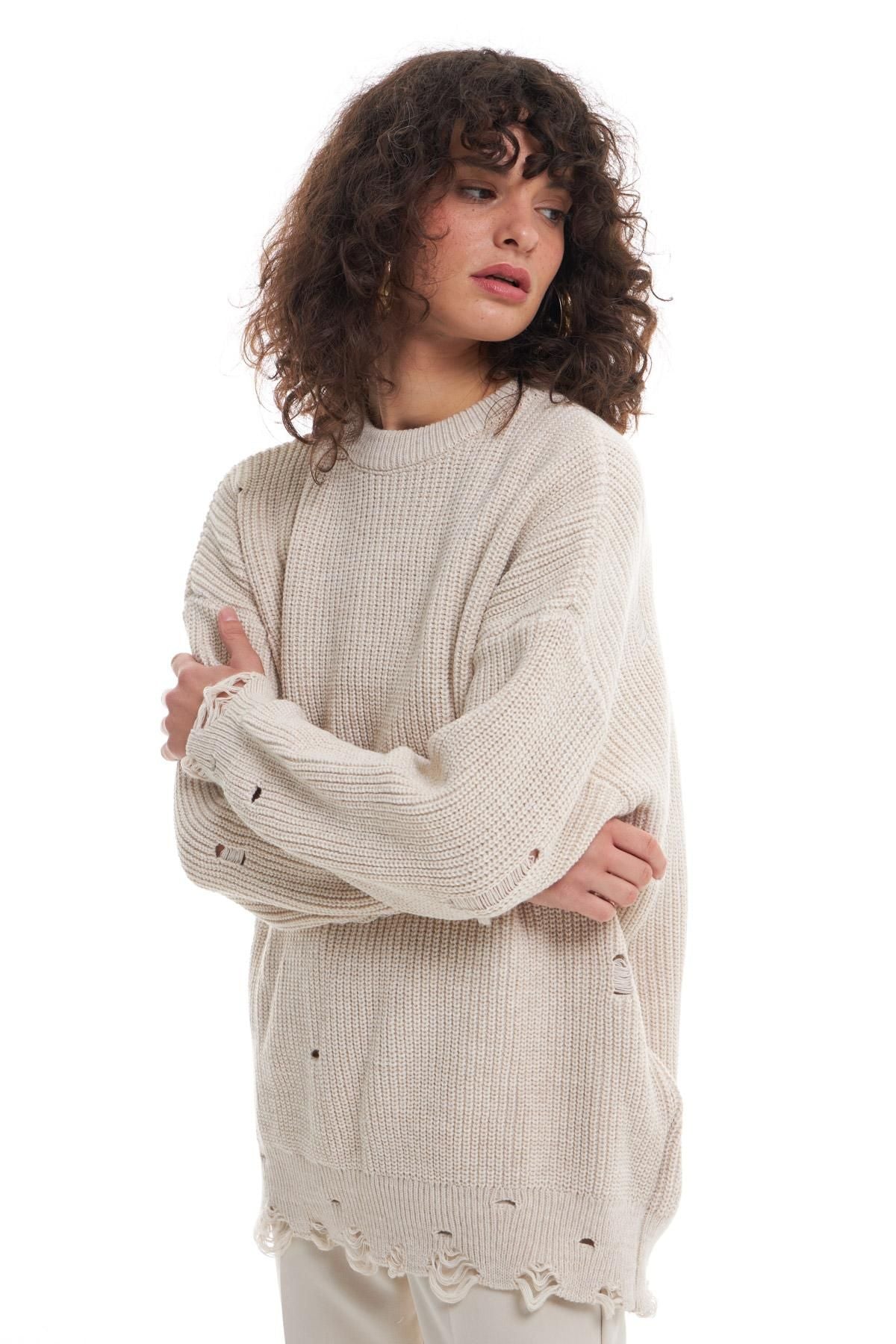 Ripped Detailed Oversize Sweater Stone