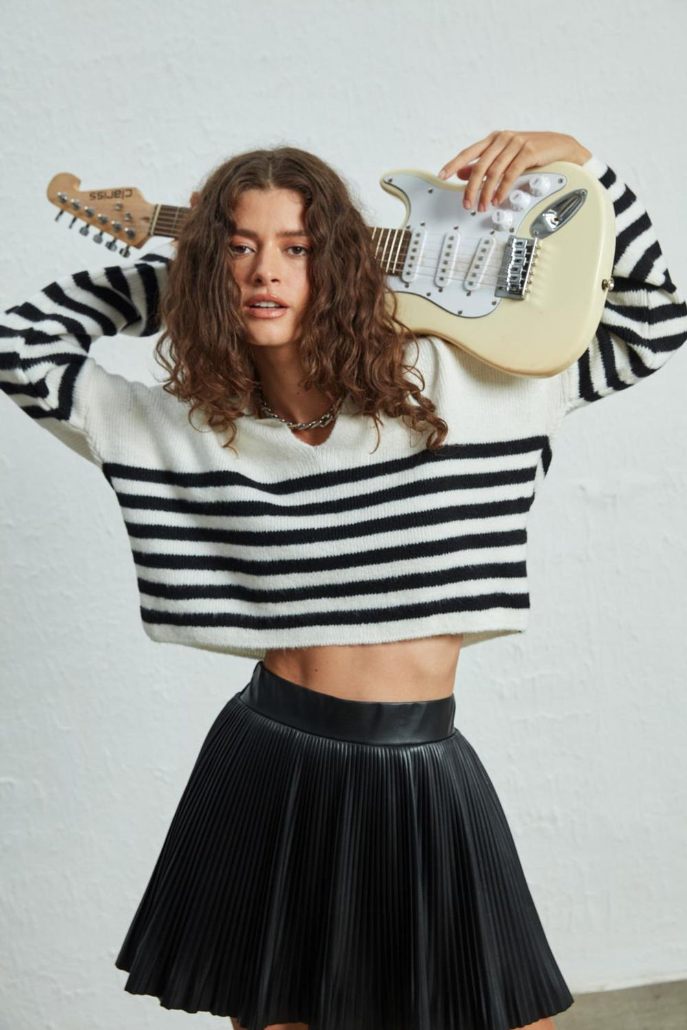 Çizgili Crop Kazak Siyah