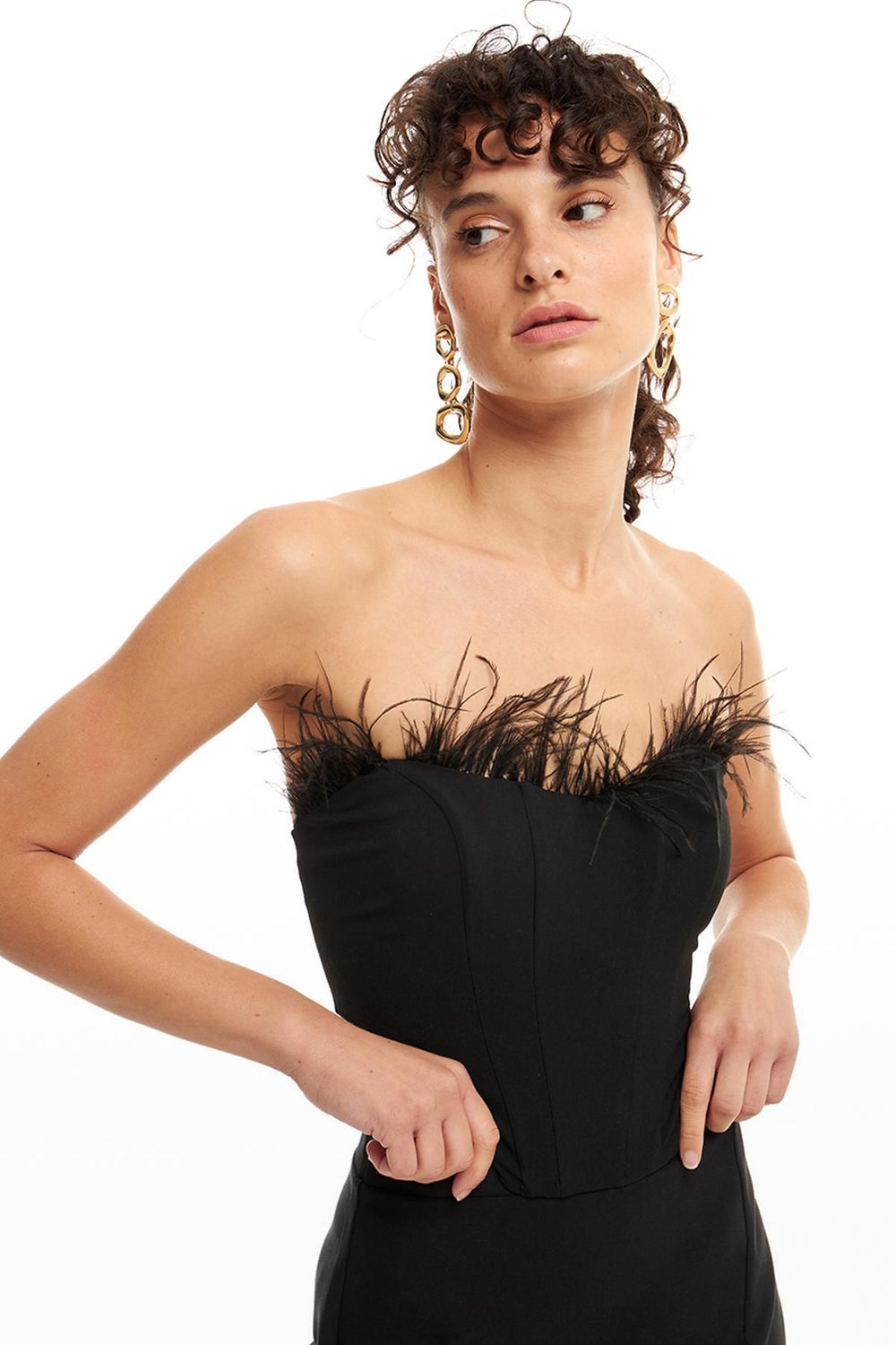 Tüy Detaylı Straplez Bluz Siyah