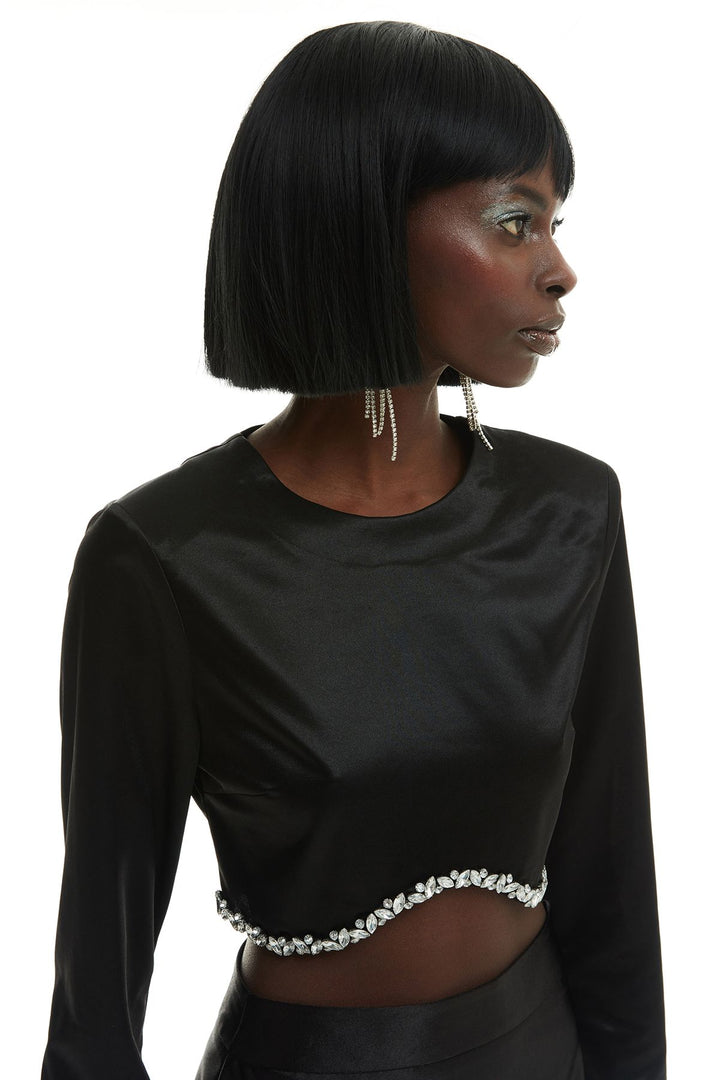 Stone Satin Crop Blouse Black