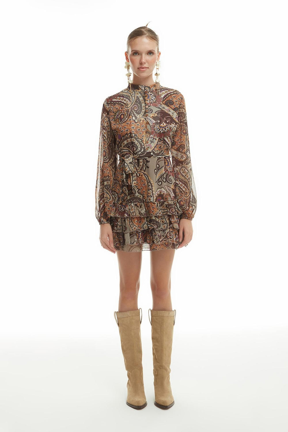 Button Detailed Chiffon Dress Brown