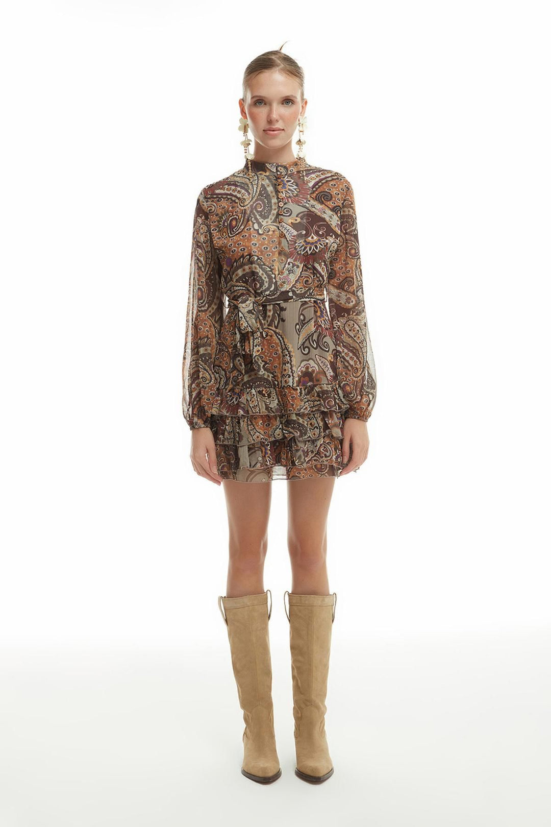 Button Detailed Chiffon Dress Brown