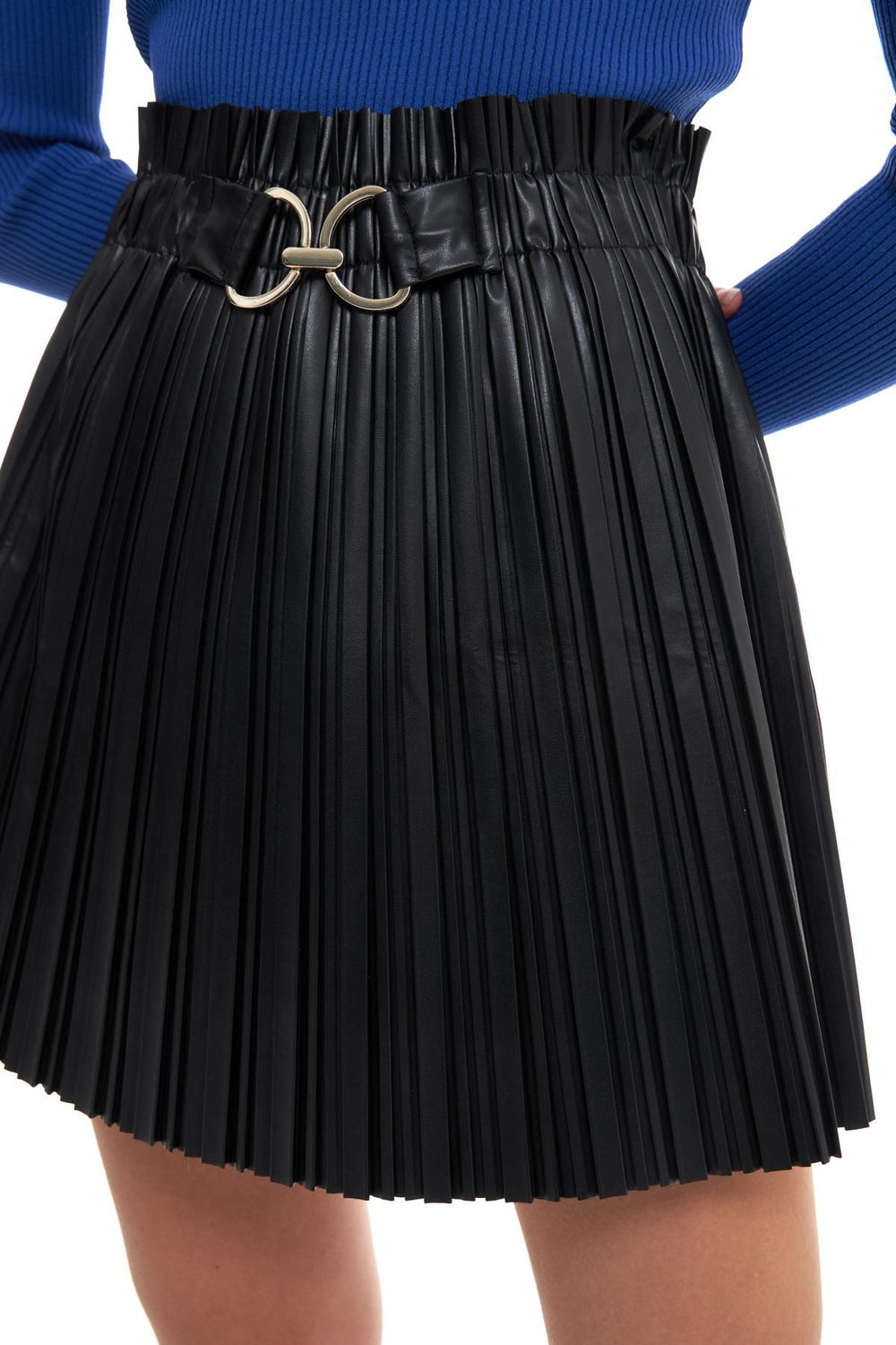 Belted Pleated Leather Skirt Black