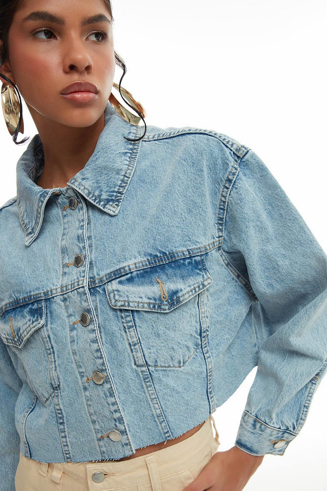 Crop Detailed Crop Denim Jacket Blue