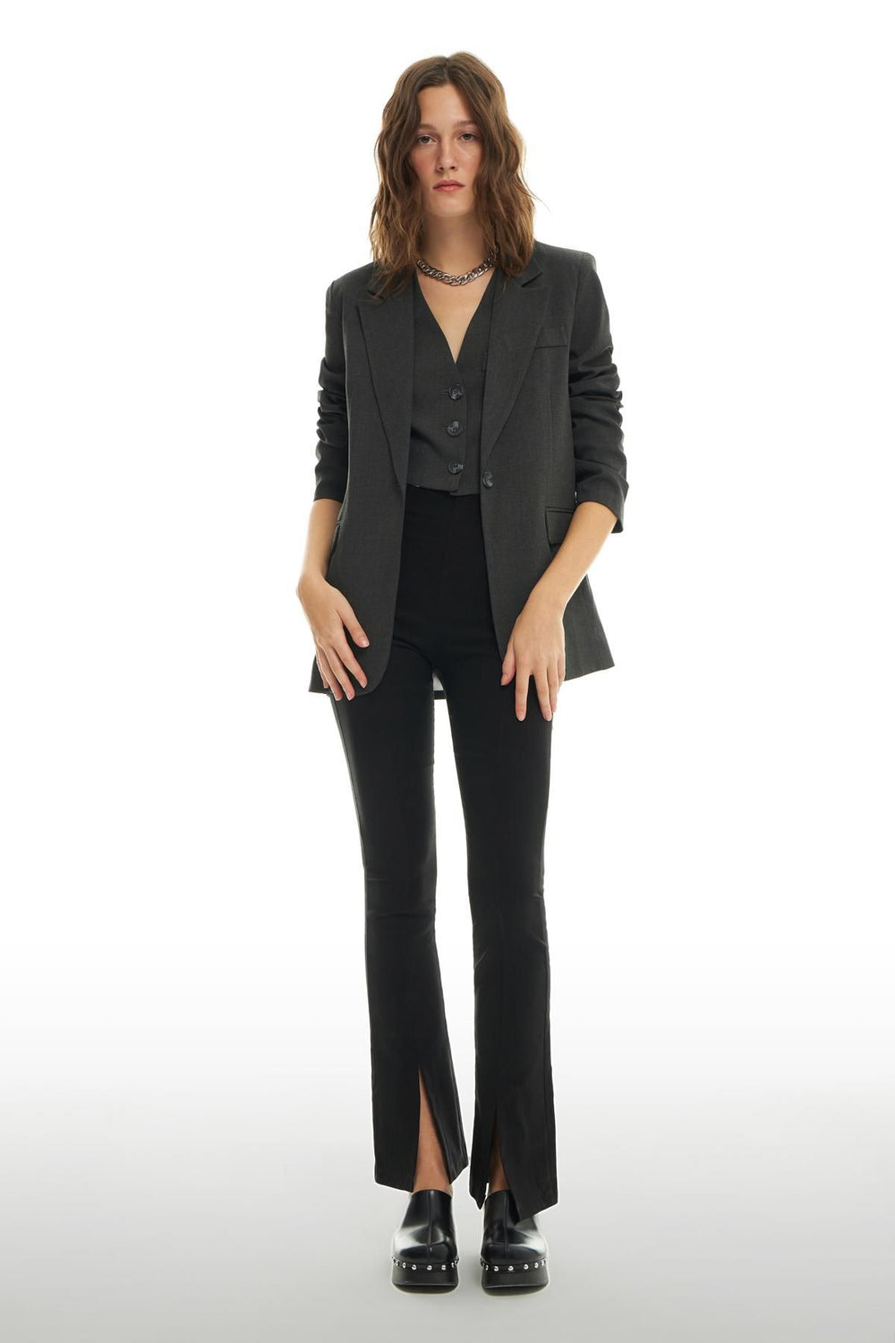 Desenli Astarlı Blazer Ceket Antrasit