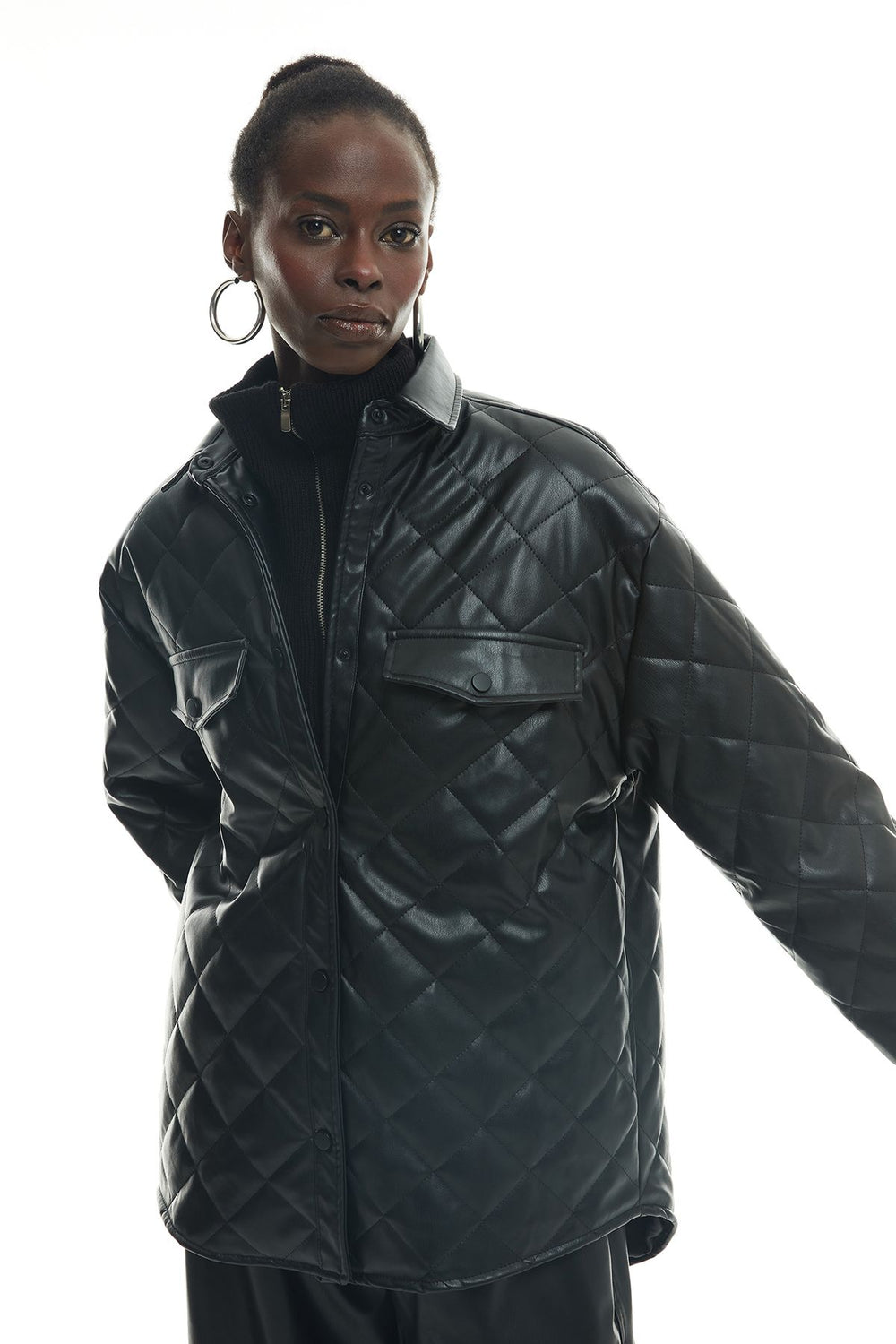 Quilted Leather Coat Black