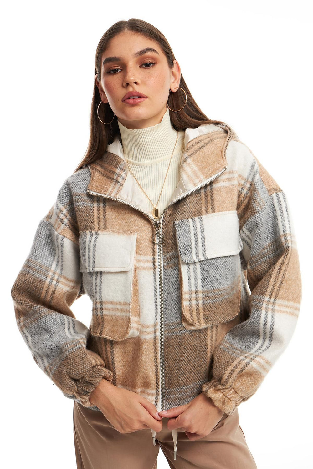 Checkered Hooded Coat Brown