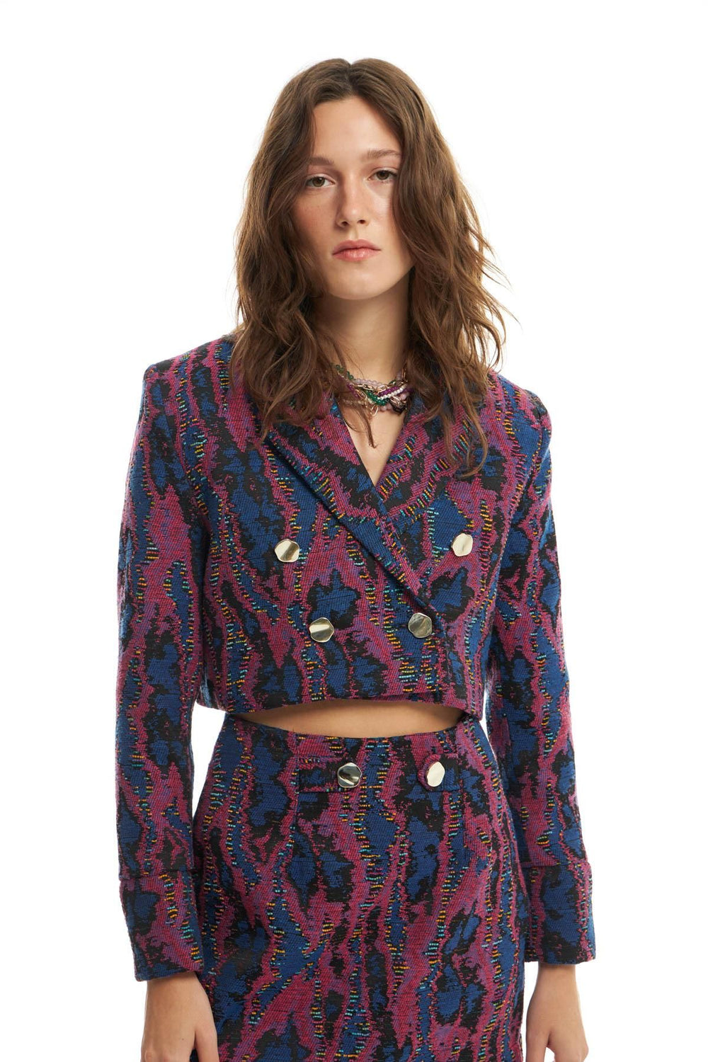 Renkli Desenli Crop Ceket Fuşya