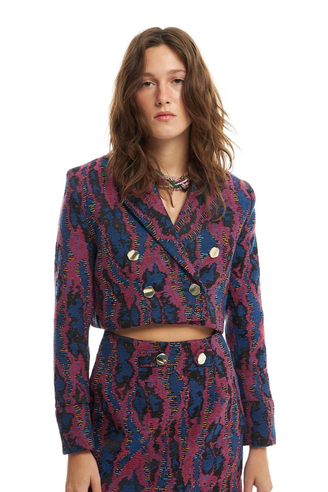 Renkli Desenli Crop Ceket Fuşya