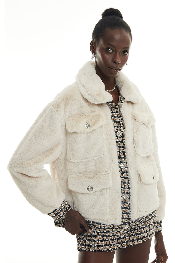 Tweed Detailed Pocket Plush Coat Beige