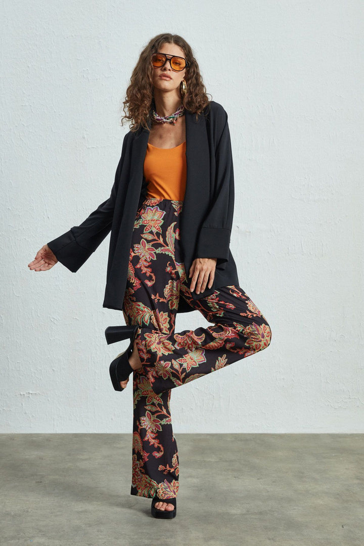 Patterned Wide Leg Trousers Black