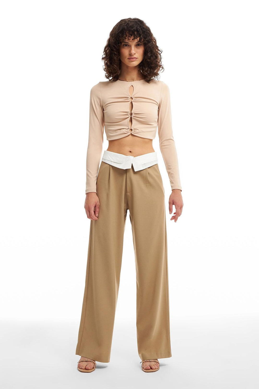 Belt Detailed Fabric Trousers Beige