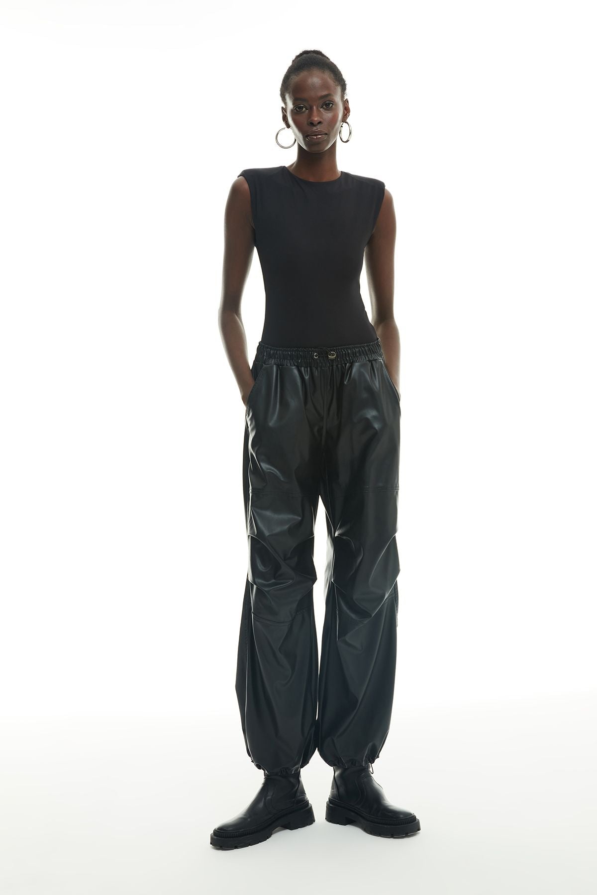 Leather Parachute Trousers With Elastic Legs Black