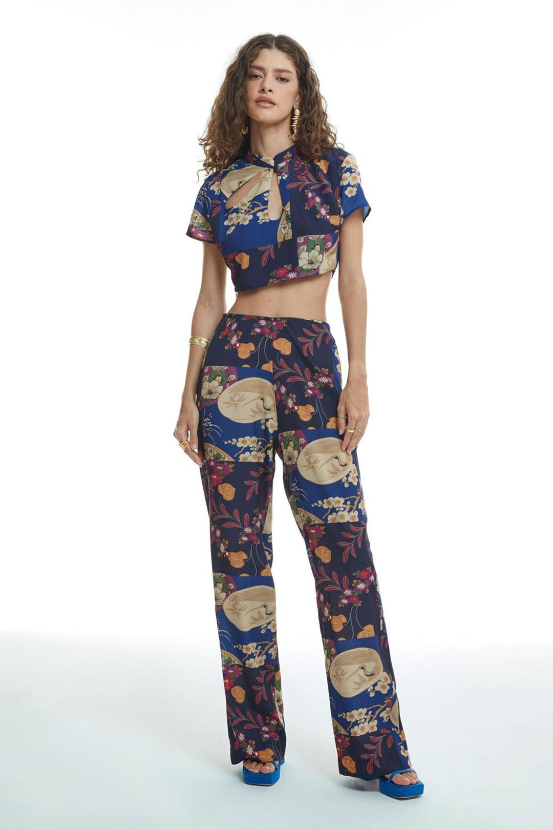 Side Zipper Patterned Trousers Navy